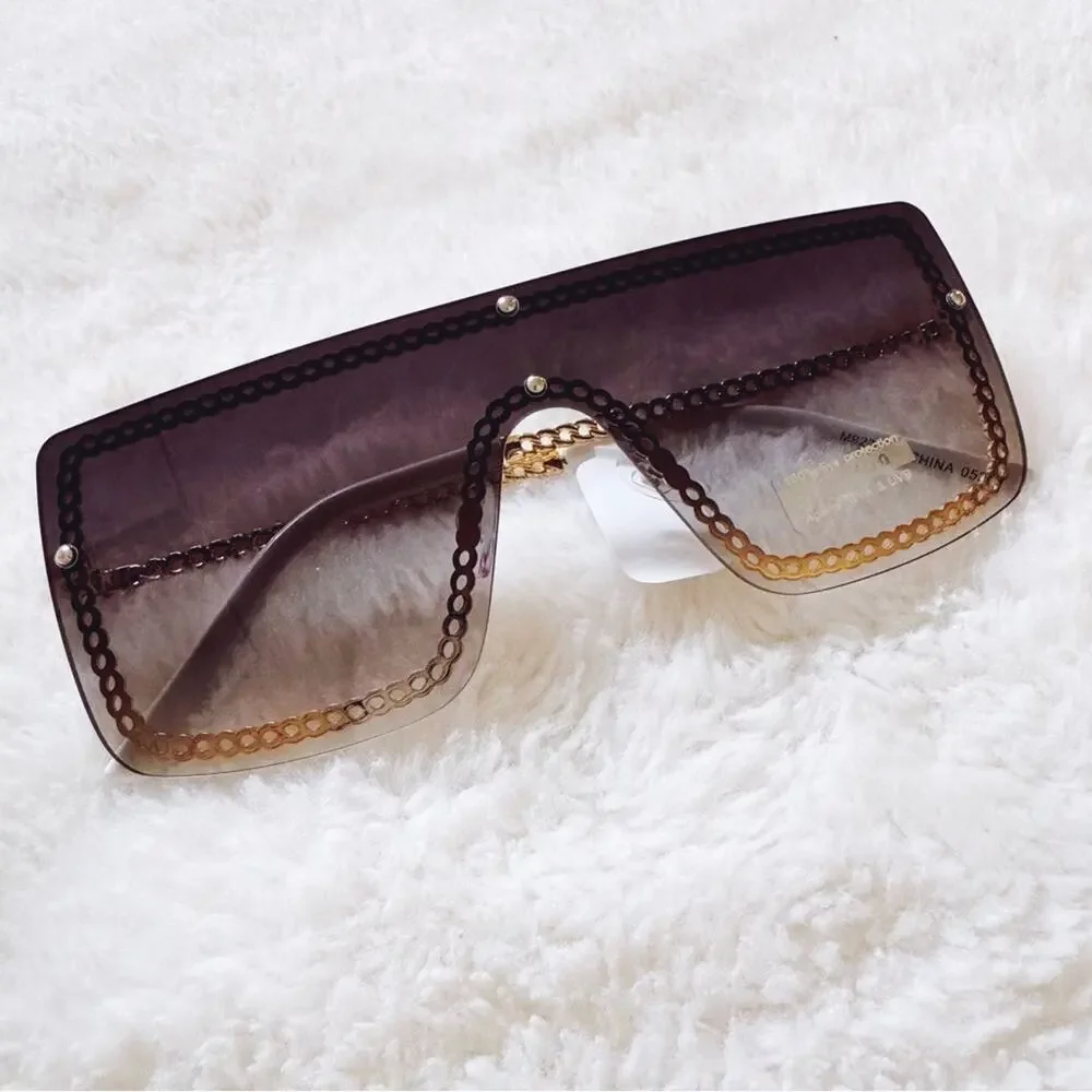 Christine Black Two Tone White Chain Oversized Shield Sunglasses